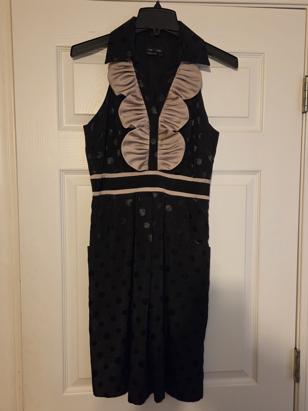 Max & Cleo Black Midi Dress with Beige Ruffle Trim